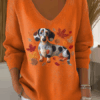Casual Dog V Neck Long Sleeve T-shirt